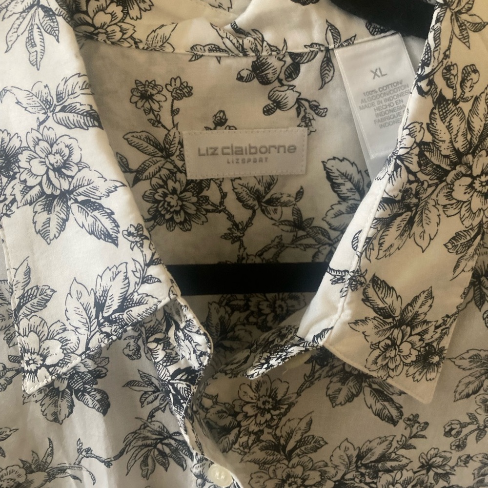 Liz Claiborne Cream Shirt with Black Floral Print